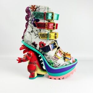 Irregular Choice Roarsum Boots | Dinosaur Heel Platform | Rainbow Buckle Boots